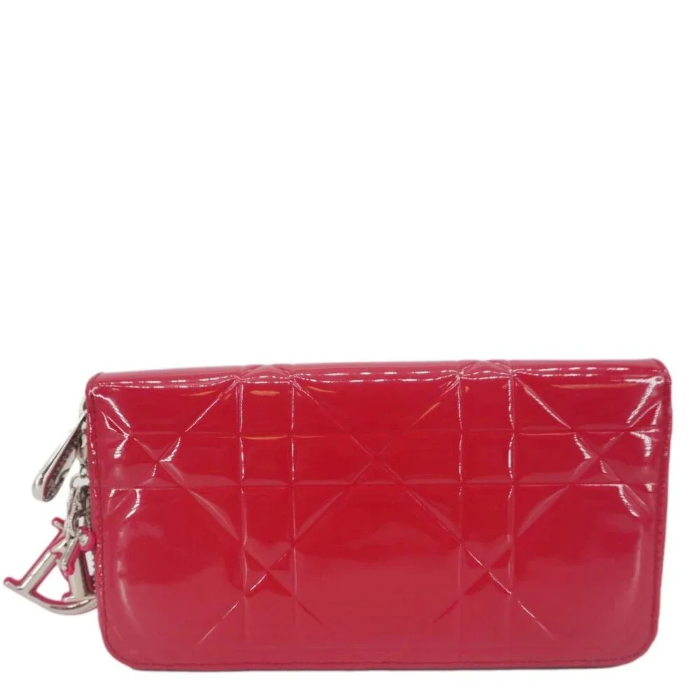 Christian Dior Lady Dior Patent Leather Zippy Wallet Red